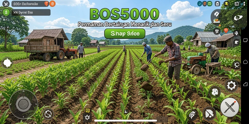 Tampilan gameplay <strong>BOS5000</strong> yang menarik dengan pertanian yang beragam.