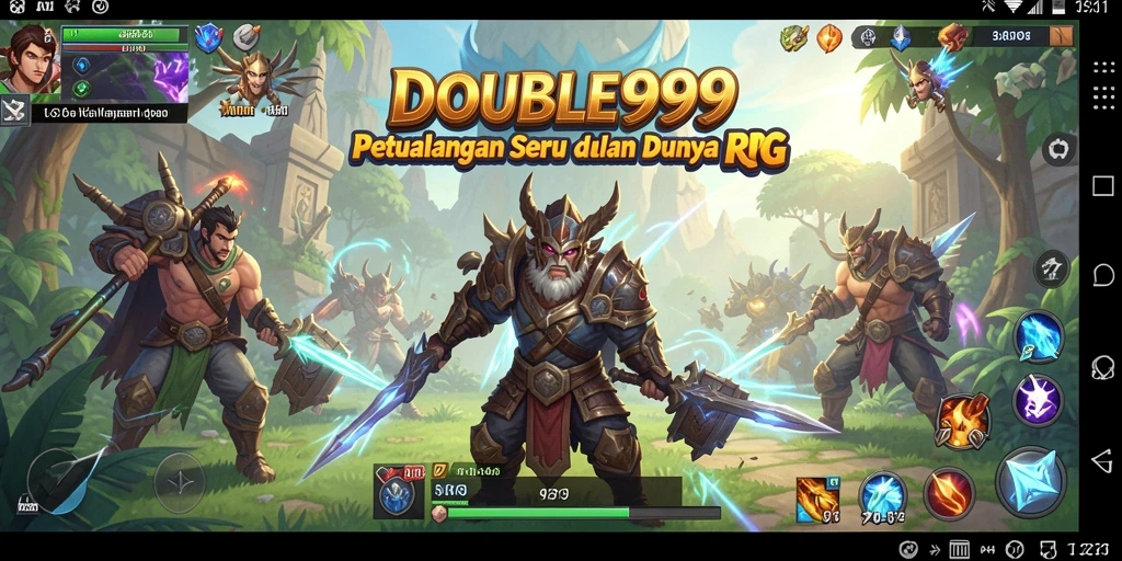 Tampilan utama gameplay DOUBLE999 dengan karakter yang bertarung melawan monster.