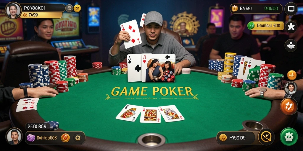 Tampilan gameplay menarik dari FA99 dengan aksi poker yang mendebarkan.