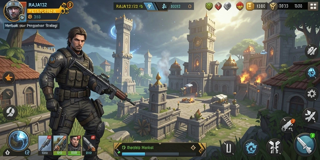 Tangkapan layar gameplay RAJA132 yang menampilkan menara dan musuh.